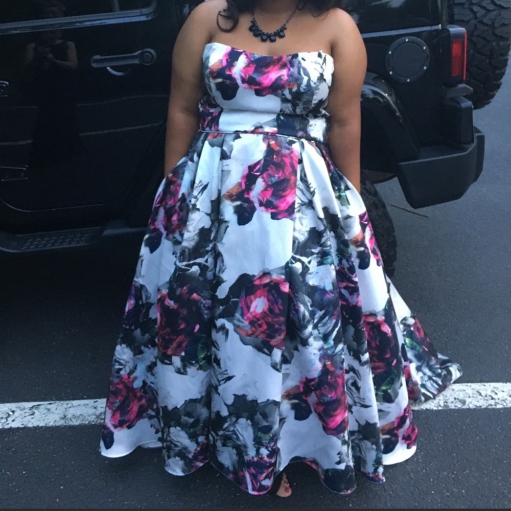 Floral White, pink and black formal dress